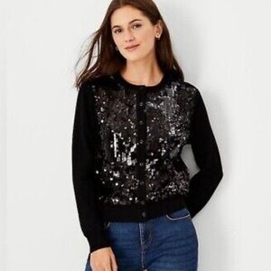 NWT Ann Taylor Black Sequin Front Ann Cardigan Womens XS